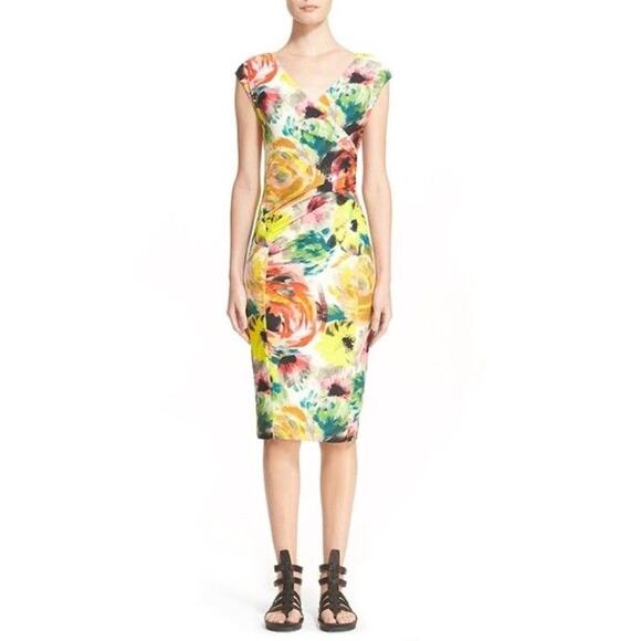 Fuzzi Watercolor Multi Floral Print Ruched Faux Wrap Cocktail Dress Size Medium - Picture 2 of 8